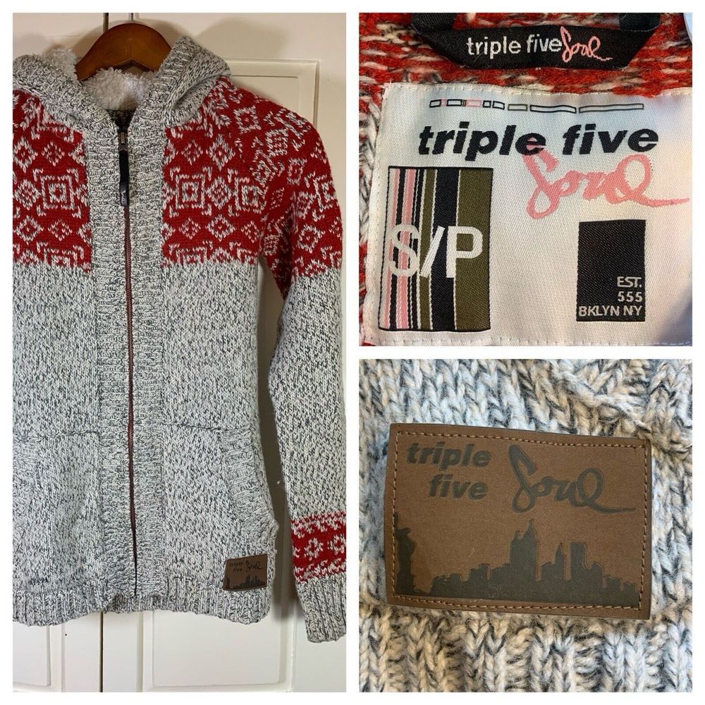 Y2K Triple Five Soul Zip Up Sweater Women Small Hoodie Wool Blend Cozycore Cabin